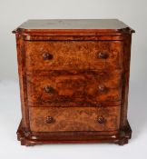 VICTORIAN TABLE TOP BURR WALNUT MINIATURE CHEST OF THREE DRAWERS, the moulded oblong top with