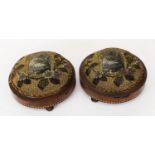 PAIR OF VICTORIAN LINE INLAID WALNUT CIRCULAR FOOTSTOOLS, each of typical form with floral beadwork,