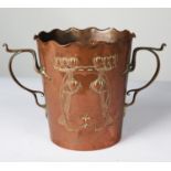 CARL DEFFNER, ESSLINGEN, GERMAN ART NOUVEAU EMBOSSED COPPER TWO HANDLED ICE BUCKET, of typical