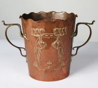 CARL DEFFNER, ESSLINGEN, GERMAN ART NOUVEAU EMBOSSED COPPER TWO HANDLED ICE BUCKET, of typical