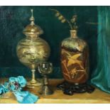 M. HAMILTON (circa 1930s) OIL PAINTING Still life with glass vase and cover, oriental vase, a