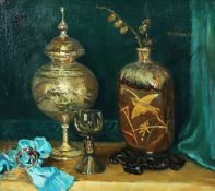 M. HAMILTON (circa 1930s) OIL PAINTING Still life with glass vase and cover, oriental vase, a