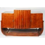 EPSTEIN, ART DECO BURR WALNUT SIDEBOARD, the stepped top with shaped front edge and glass