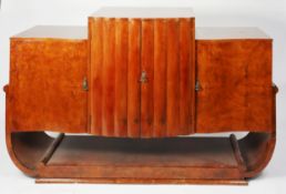 EPSTEIN, ART DECO BURR WALNUT SIDEBOARD, the stepped top with shaped front edge and glass