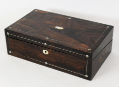 VICTORIAN ROSEWOOD AND MOTHER OF PEARL INLAID PORTABLE WRITING SLOPE, of typical form with flush