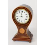 EDWARDIAN PATERAE AND LINE INLAID MAHOGANY BALLOON SHAPED MANTLE CLOCK, with 3 ½” Roman dial and