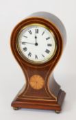 EDWARDIAN PATERAE AND LINE INLAID MAHOGANY BALLOON SHAPED MANTLE CLOCK, with 3 ½” Roman dial and