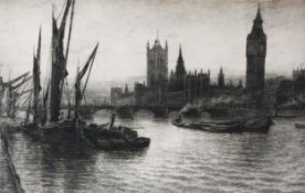 ATTRIBUTED TO WILLIAM LIONEL WYLLIE ORIGINAL ETCHING View of the Thames with barges, and the