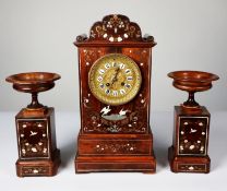 LATE NINETEENTH CENTURY INLAID ROSEWOOD THREE PIECE CLOCK GARNITURE, the CLOCK with 5” twelve