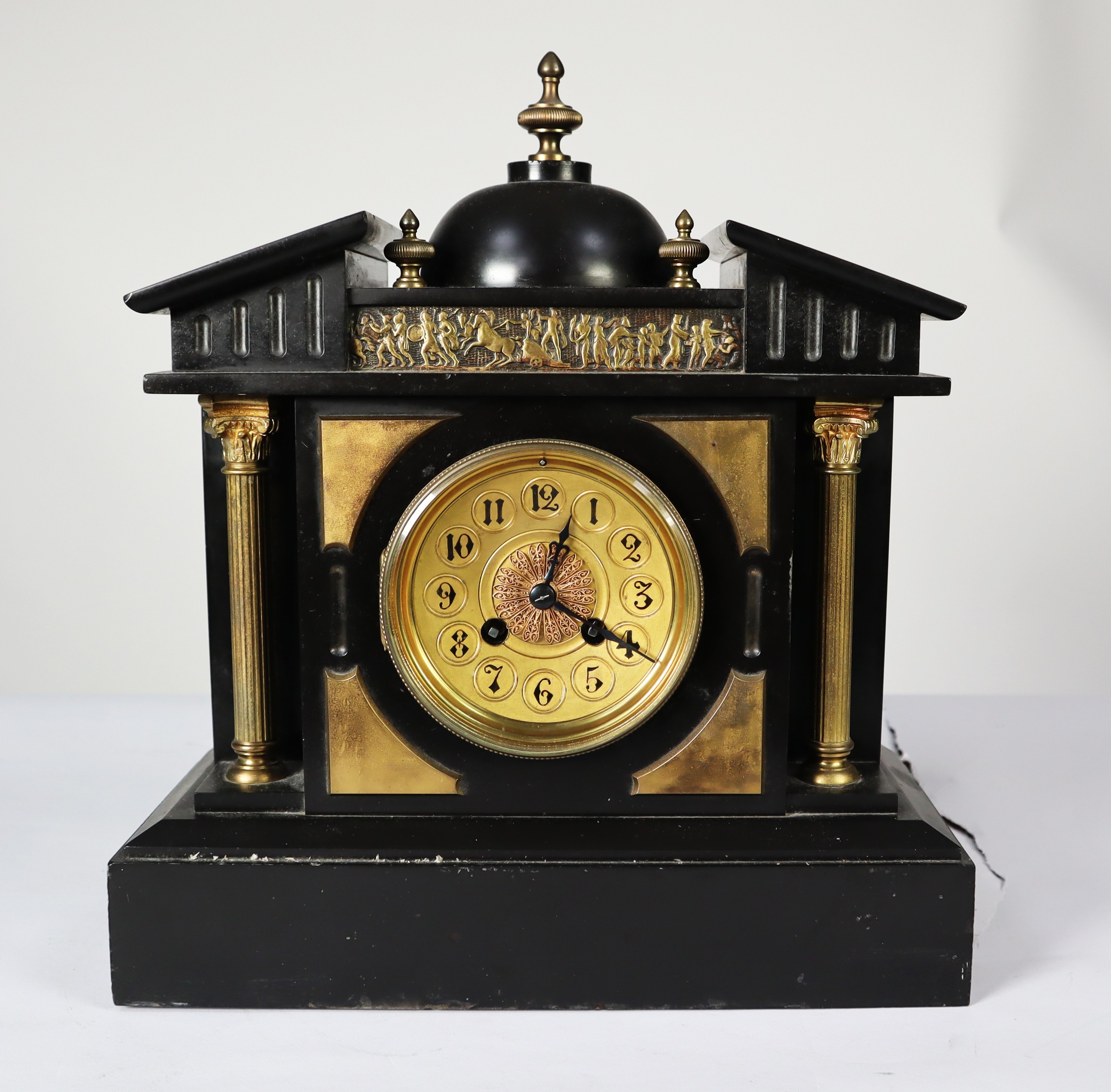 VICTORIAN BLACK SLATE MANTLE CLOCK, the 4 ¾” Arabic gilt dial, powered by a drum shaped Japy & Cie