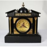 VICTORIAN BLACK SLATE MANTLE CLOCK, the 4 ¾” Arabic gilt dial, powered by a drum shaped Japy & Cie