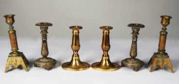 THREE PAIRS OF SHORT, METAL CANDLESTICKS, including a BRASS PAIR WITH OVAL BASE and an ornate