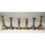THREE PAIRS OF SHORT, METAL CANDLESTICKS, including a BRASS PAIR WITH OVAL BASE and an ornate
