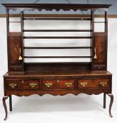 GEORGIAN STYLE OAK AND MAHOGANY CROSSBANDED DRESSER with raised plate rack flanked by cupboards
