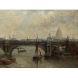 WILLIAM EDWARD FOX (1872 – 1948) OIL PAINTING ON CANVAS The Thames with bridge and barges Signed and