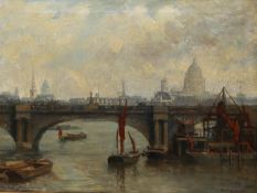 WILLIAM EDWARD FOX (1872 – 1948) OIL PAINTING ON CANVAS The Thames with bridge and barges Signed and