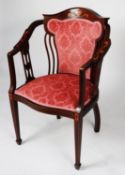 EDWARDIAN LINE INLAID MAHOGANY DRAWING ROOM TUB CHAIR, the show wood frame with arched top rail,