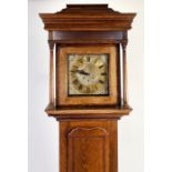 LINE INLAID OAK LONGCASE CLOCK, the 11 ½” brass dial with matted centre and pierced spandrels,