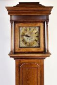 LINE INLAID OAK LONGCASE CLOCK, the 11 ½” brass dial with matted centre and pierced spandrels,