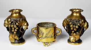 PAIR OF EARLY 20th CENTURY, PROBABLY ORIENTAL, CAST OVULAR VASES, applied with fruiting vines in
