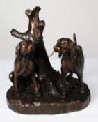 PATINATED BRONZE GROUP OF A PAIR OF HUNTING DOGS, SIGNED JOHNSON, one modelled seated, the other