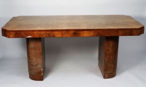 PROBABLY EPSTEIN, EIGHT PIECE ART DECO BURR WALNUT DINING ROOM SUITE, comprising: TABLE, of oblong