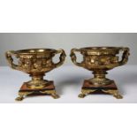 PAIR OF ORMOLU TWO HANDLED WARWICK STYLE SMALL URN PATTERN RECEIVERS, each with removable liner, and