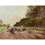 FRITZ BLADEL (1903-1950) OIL ON BOARD ‘Potato Harvest’ Signed, titled to J DAVEY & SONS Ltd,