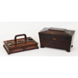 VICTORIAN MAHOGANY TEA CADDY, of sarcophagus form with twin lidded compartments, glass bowl holder