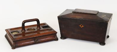 VICTORIAN MAHOGANY TEA CADDY, of sarcophagus form with twin lidded compartments, glass bowl holder