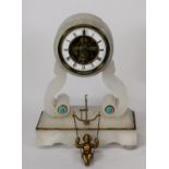 LATE NINETEENTH CENTURY WHITE ALABASTER ECHAPPEMENT BREVETE MANTLE CLOCK, the 3 ¼” Roman dial,