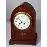 EARLY 20th CENTURY SHERATON REVIVAL INLAID MAHOGANY MANTEL CLOCK with lancet arch top case, French 8