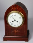 EARLY 20th CENTURY SHERATON REVIVAL INLAID MAHOGANY MANTEL CLOCK with lancet arch top case, French 8