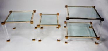 THREE PIERRE VANDEL GLASS AND GOLD PLATED METAL MOUNTED LUCITE OCCASIONAL TABLES, comprising: one of