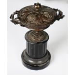 19th CENTURY CAST BRONZE TWO HANDLE SHALLOW PEDESTAL VASE AND COVER, with lotus flower finial,