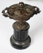 19th CENTURY CAST BRONZE TWO HANDLE SHALLOW PEDESTAL VASE AND COVER, with lotus flower finial,