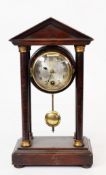 H A C EARLY TWENTIETH CENTURY MAHOGANY STAINED AND GILT METAL MOUNTED PORTICO MANTLE CLOCK, the 2 ¾”