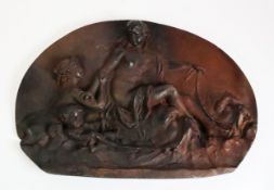 REGENCY PERIOD RELIEF CAST BRONZE FIRE BACK, decorated with scene of Venus being carried ashore by