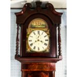 NINETEENTH CENTURY FIGURED MAHOGANY LONGCASE CLOCK, the 14” painted Roman dial with subsidiary