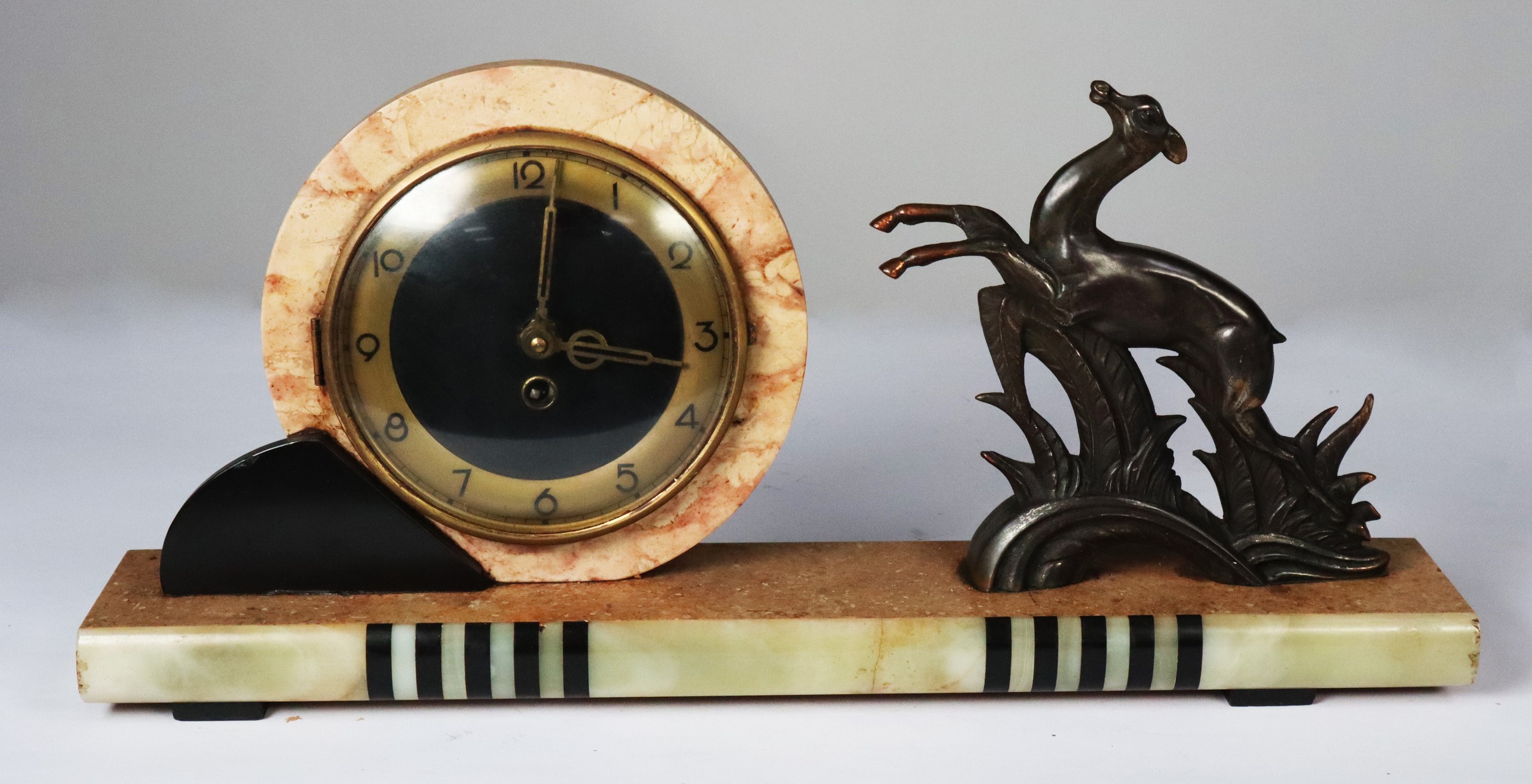 FRENCH GILT METAL, ALABASTER AND MARBLE MANTLE CLOCK, the 6 ¼” Arabic dial, powered by a drum shaped