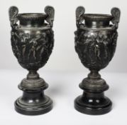 PAIR OF LATE 19th CENTURY CAST METAL CLASSICAL STYLE TWO HANDLE PEDESTAL VASES of shouldered ovoid