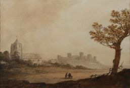19th CENTURY ENGLISH SCHOOL WATERCOLOUR DRAWING Landscape with family group, church and castle
