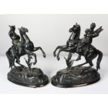PAIR OF 19th CENTURY BLACK PAINTED SPELTER EQUESTRIAN FIGURES DEPICTING HERMES AND APOLLO, both