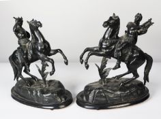 PAIR OF 19th CENTURY BLACK PAINTED SPELTER EQUESTRIAN FIGURES DEPICTING HERMES AND APOLLO, both