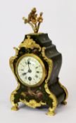 NINETEENTH CENTURY FRENCH PAINTED AND GILT METAL MOUNTED MANTLE CLOCK, the 3” dial powered by a drum