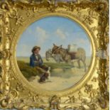 UNATTRIBUTED (MID NINETEENTH CENTURY BRITISH SCHOOL) CIRCULAR OIL PAINTING Beach scene of a boy with