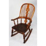 NINETEENTH CENTURY LIGHT ELM AND FRUITWOOD WINDSOR ROCKING CHAIR, of typical form with two part