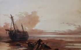 P J DE LOUTHERBOURG (1740 – 1812) WATERCOLOUR DRAWING Shipwrecked and beached boat with the two