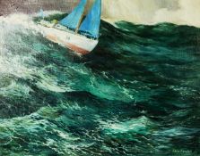 LEONARD RANDALL (Twentieth Century) OIL PAINTING ON BOARD 'Opus' a 14 Class racing yacht in heavy