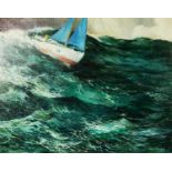 LEONARD RANDALL (Twentieth Century) OIL PAINTING ON BOARD 'Opus' a 14 Class racing yacht in heavy